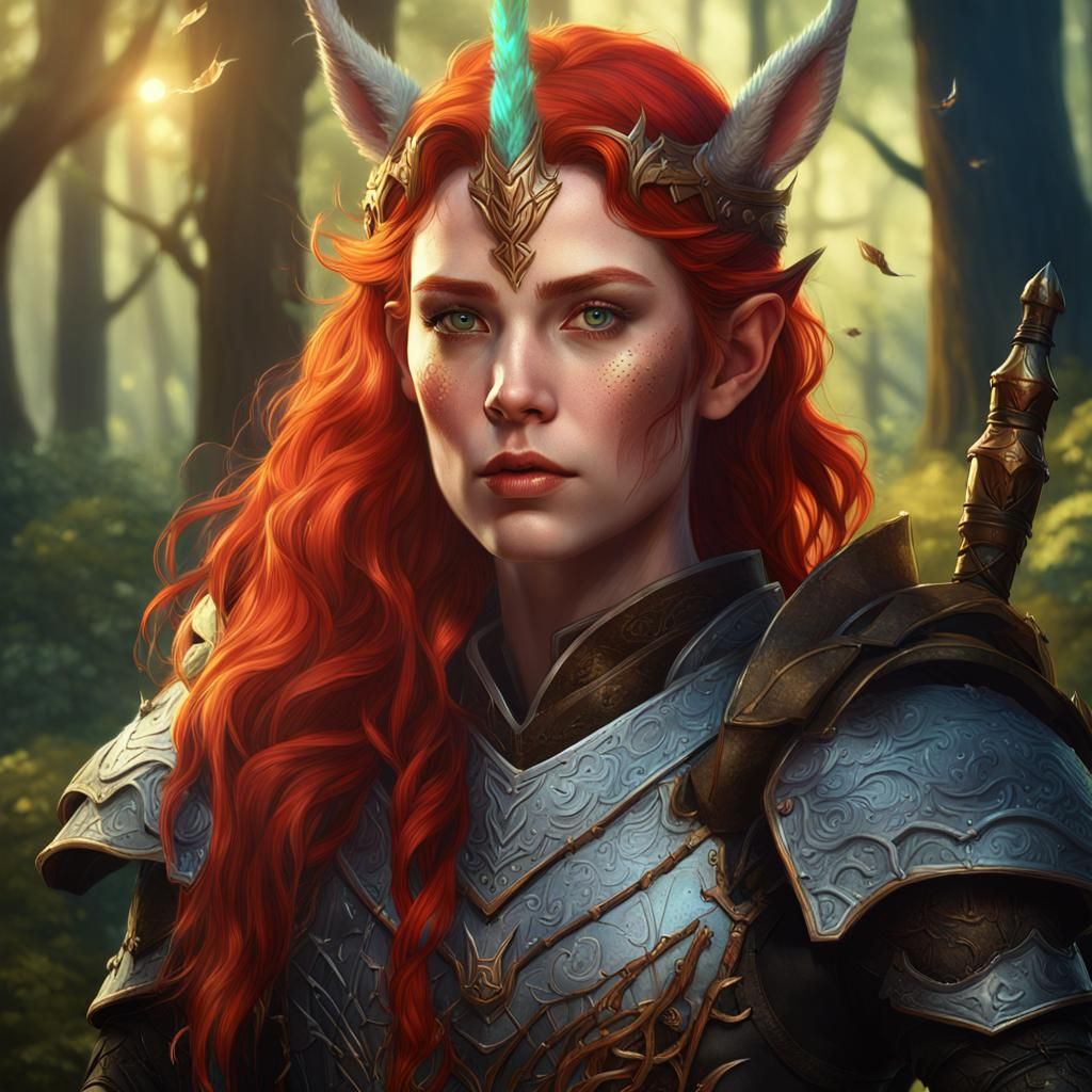 Female half elf warlock. Red hair. Hazel eyes. Leather armor...