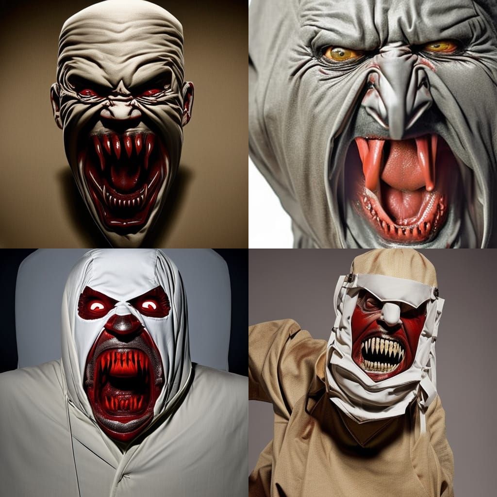 a man screaming, wearing a straight jacket,  bloody banages ...