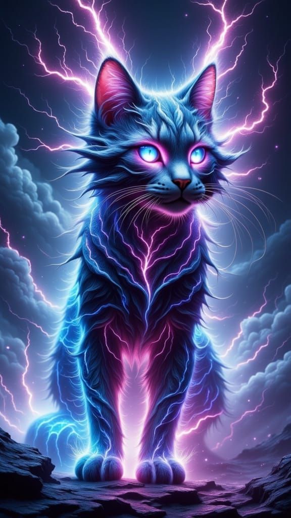 <lora:Mystical Cats:1.0> A mystical elemental cat spirit made entirely from crackling storm energy, with glowing electric currents forming i...