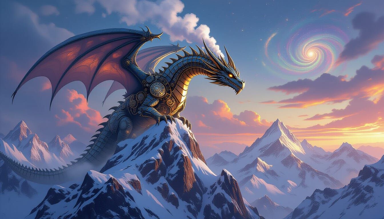 A colossal clockwork dragon, gears whirring and steam hissing, perches atop a jagged, snow-capped mountain peak. Its metallic scales gleam u...