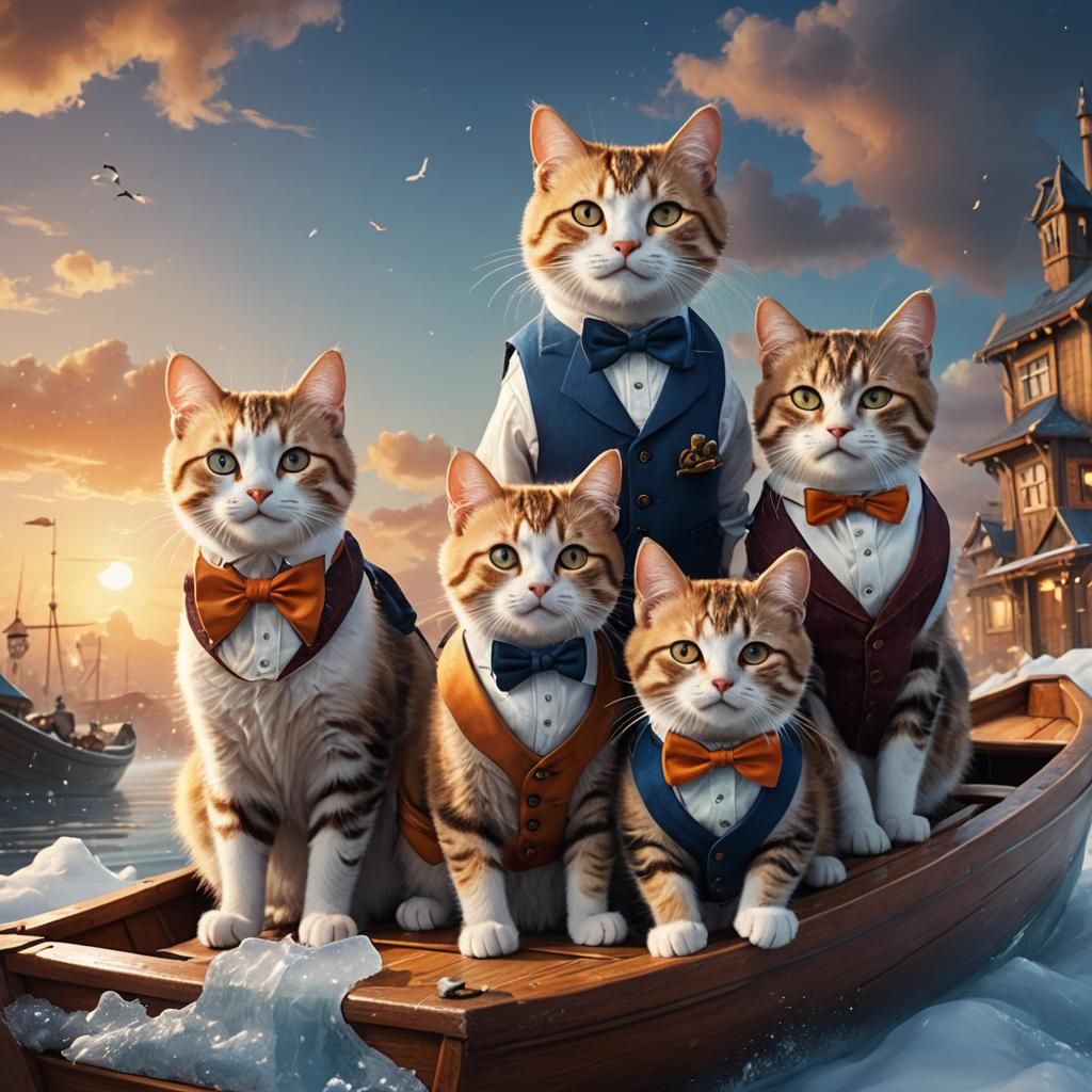 Cats in Waistcoats on Wooden Boat: Fantasy Concept Art