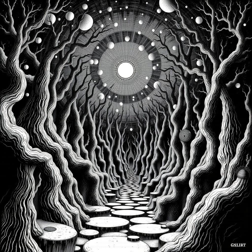 <lora:Poe Escher:1.0> Bright huge text "Poe Escher" appearing in the background: inspired by a mesmerizing mix of MC Escher and Edgar Allen...