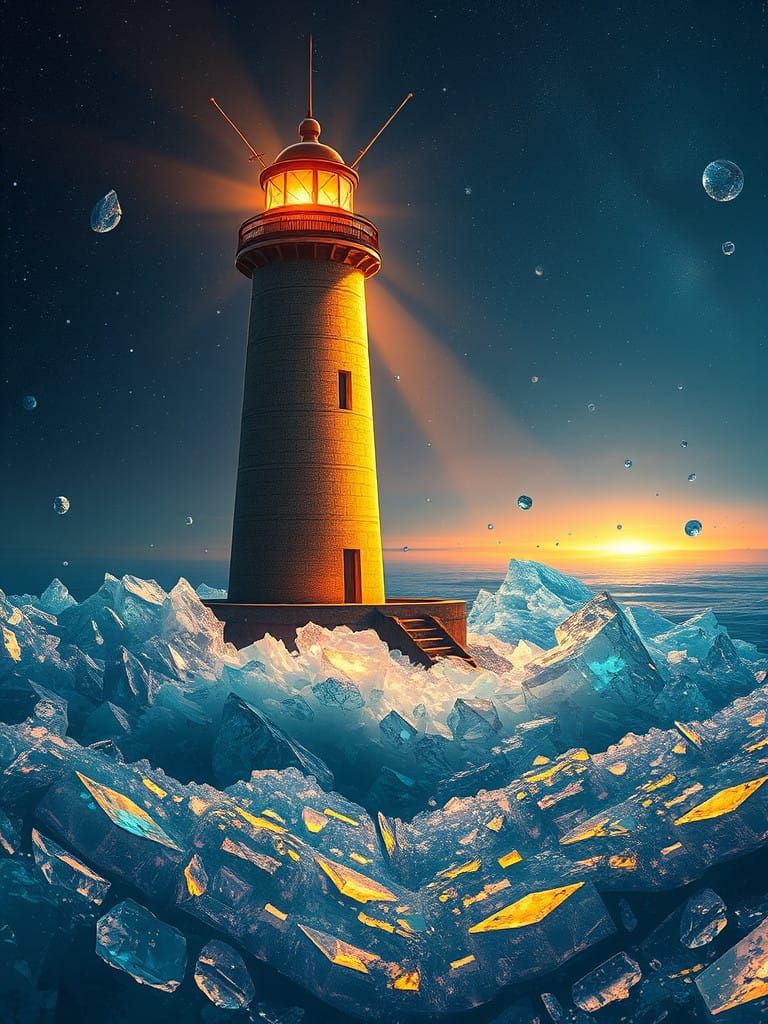 Ancient Lighthouse Illuminates Turbulent Crystal Seascape in...