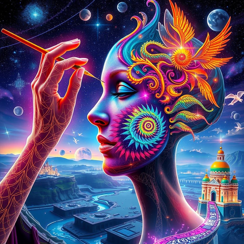 Surrealist Masterpiece: Ethereal Hand Paints Cosmic Being