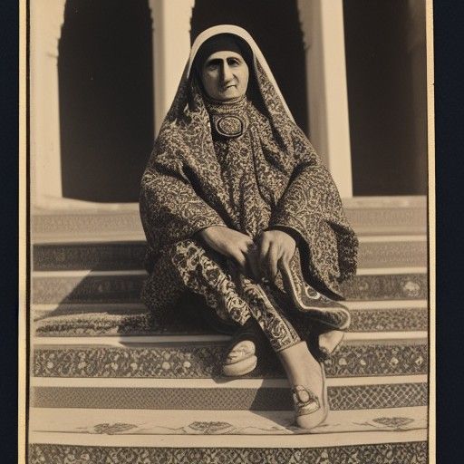 A woman sitting on steps, Qajar art