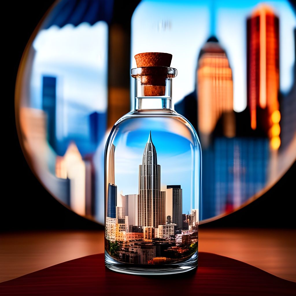 "close up of a bottle with a city shrunk down inside of it"