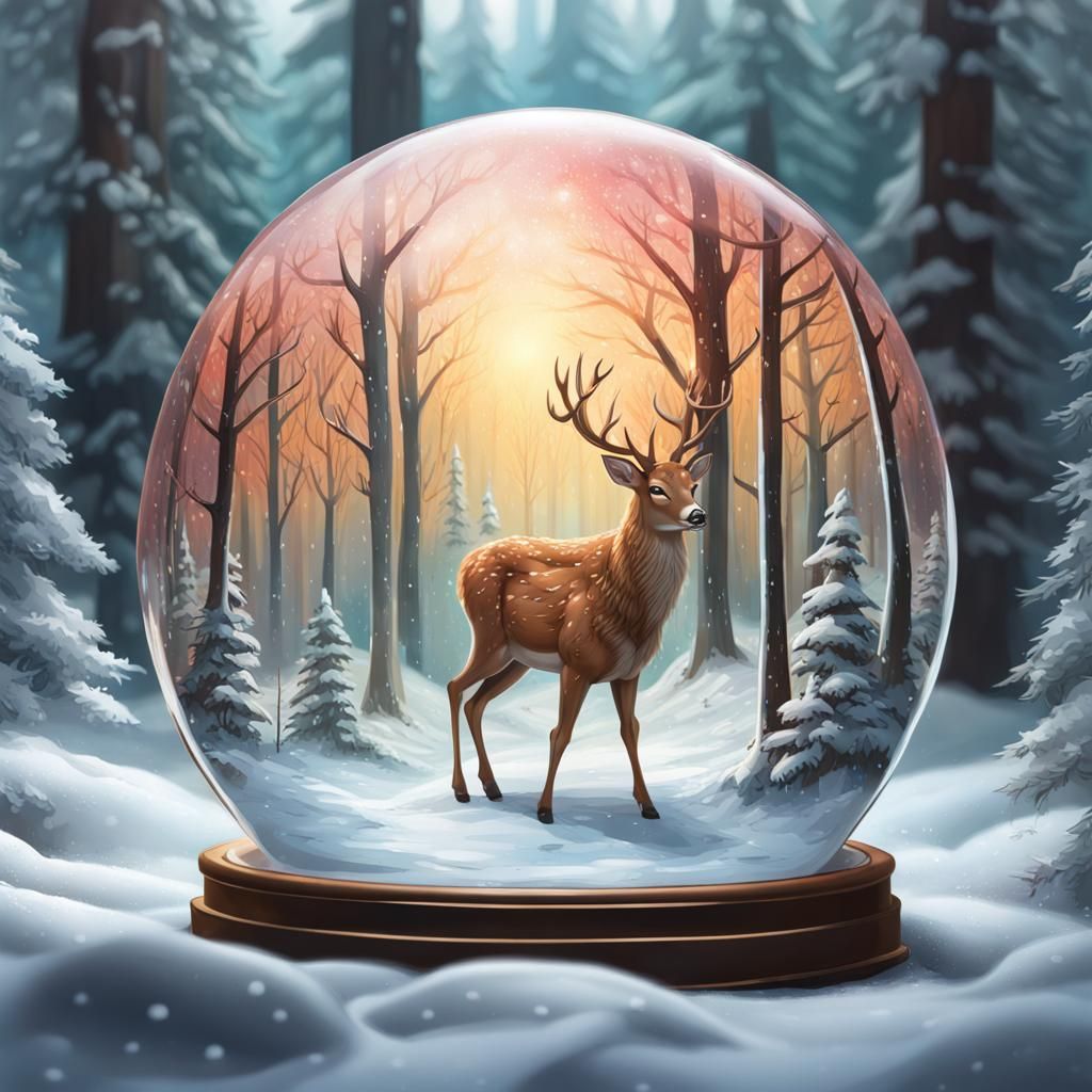Hyperrealistic Snow Globe Forest Scene with Deer