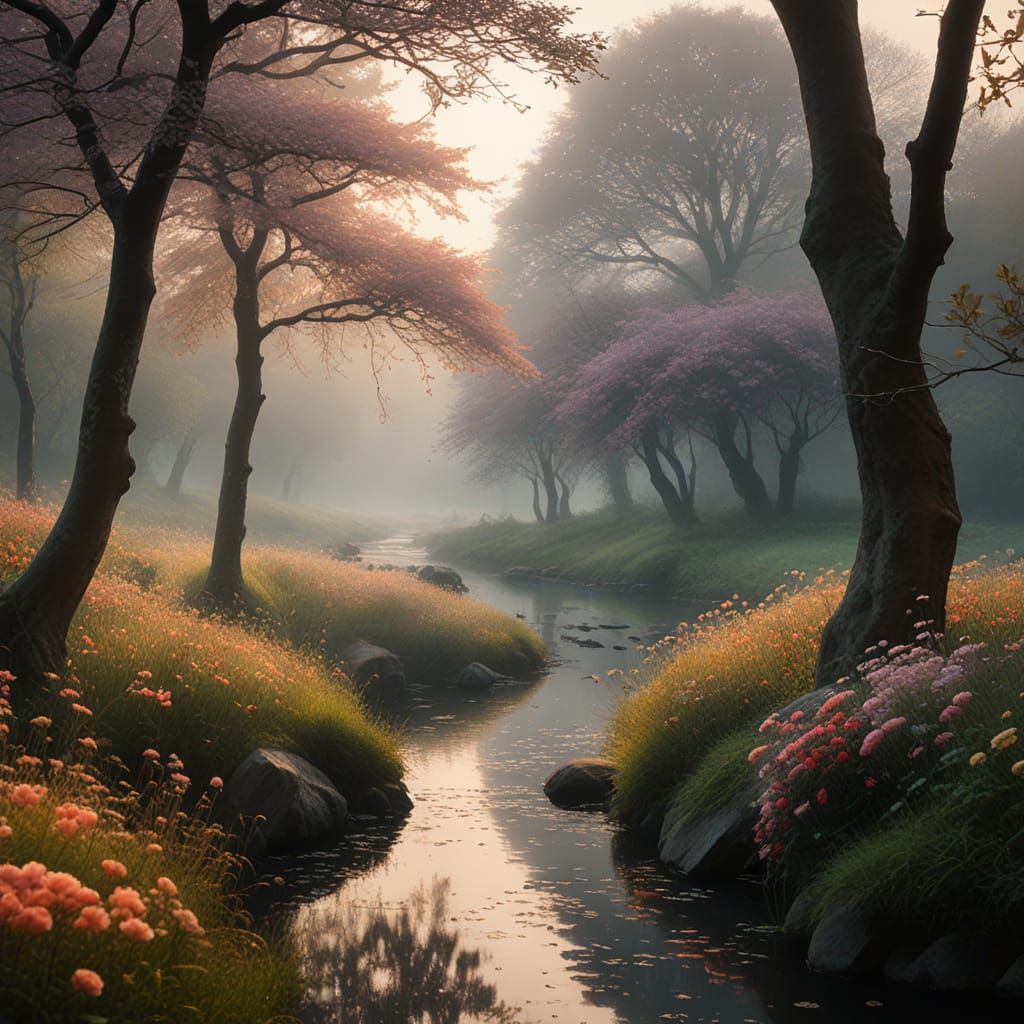Ethereal Morning: Violinist Surrounded by Crows and Blooming...