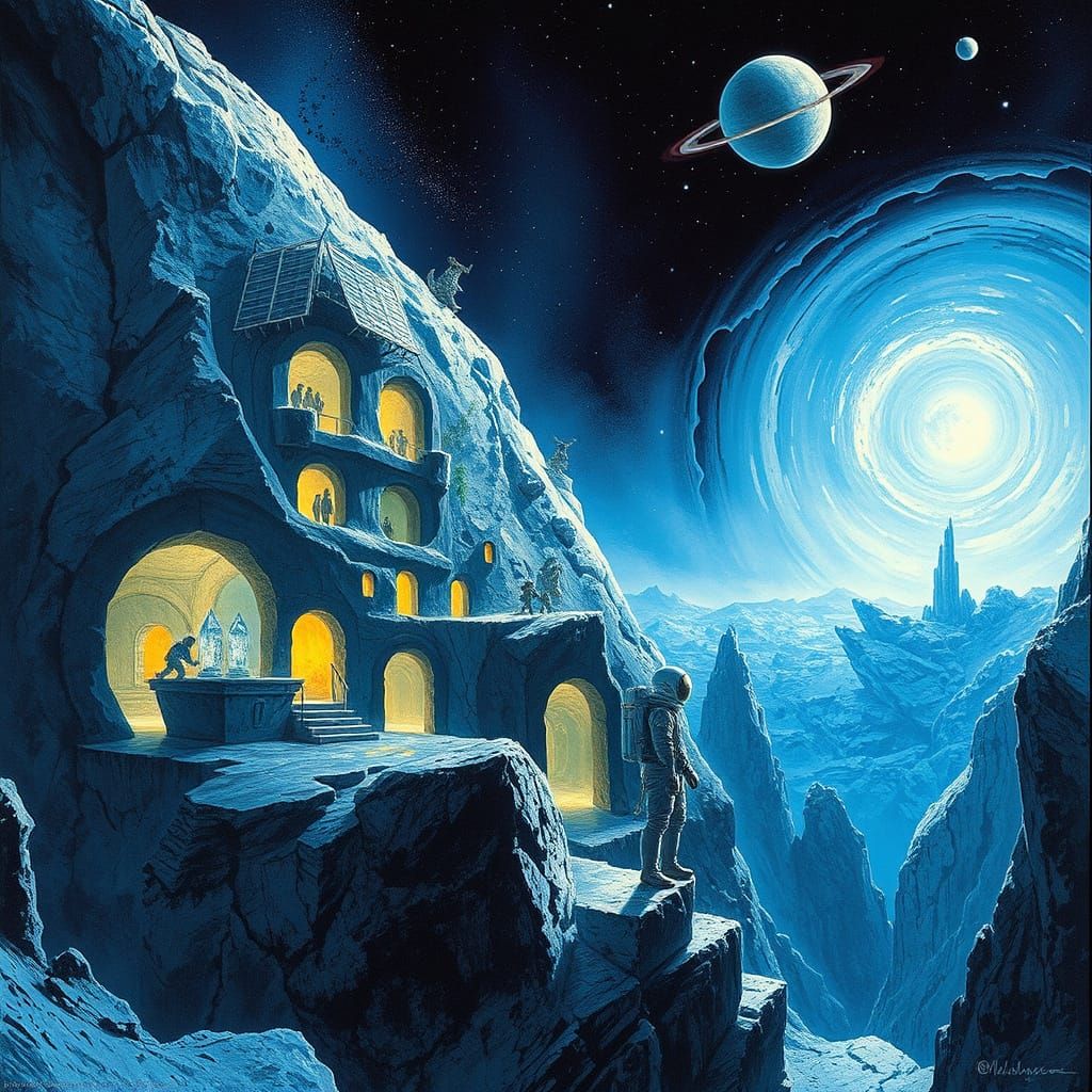 create a solarpunk settlement built into the side of a massive asteroid floating through space. The settlement ...  by @Riya Delene 