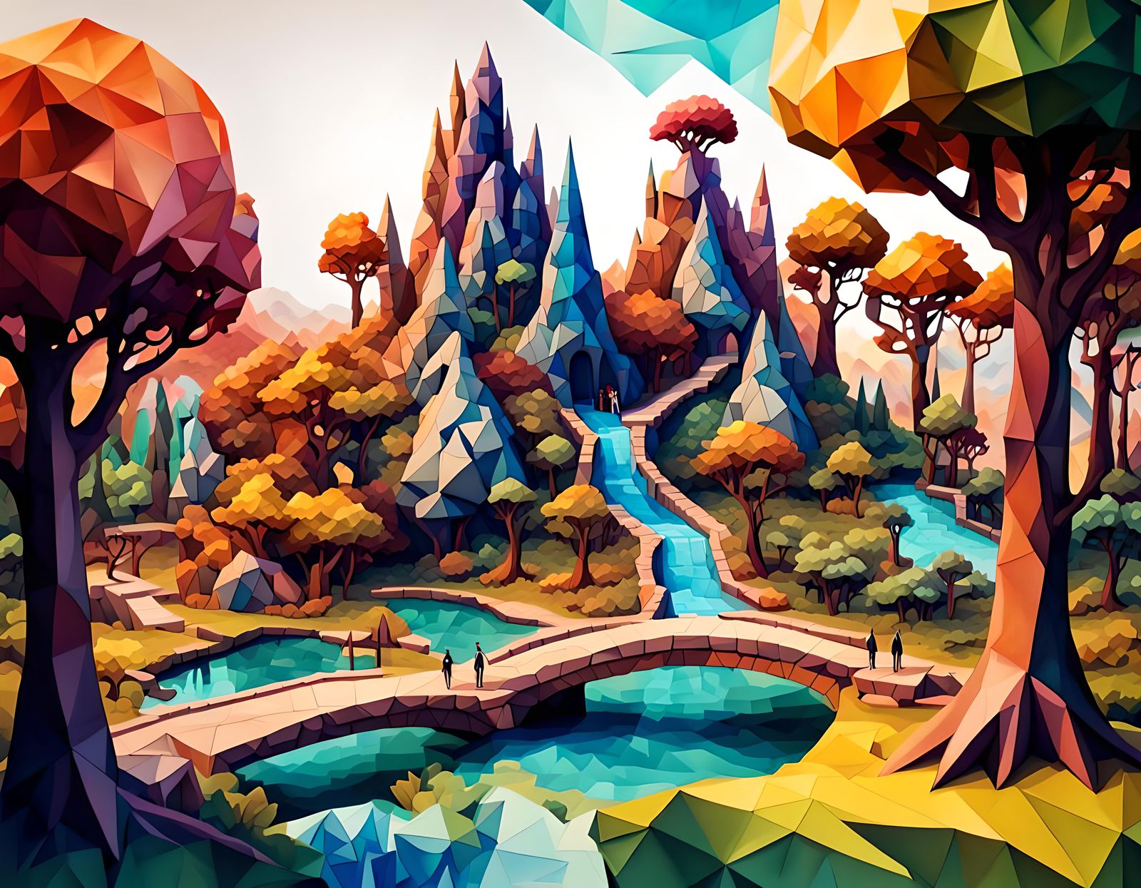 A beautiful low poly fantastical park scene, ultradetailed, ...