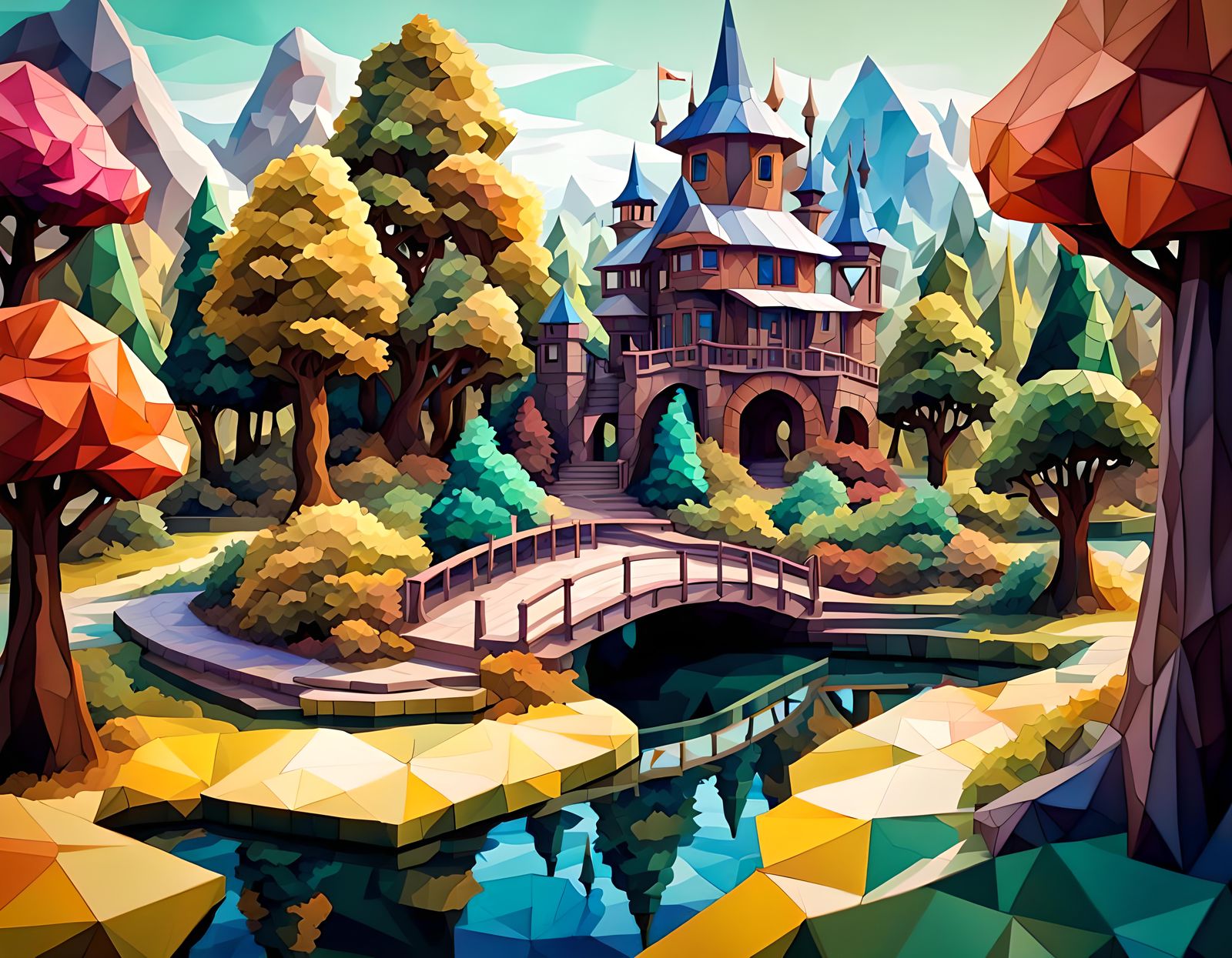 A beautiful low poly fantastical park scene, ultradetailed, ...