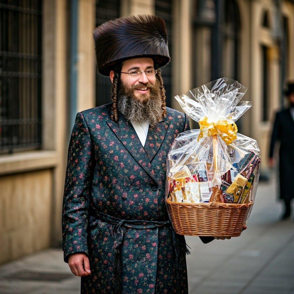 Hasidic Man Embodies Purim Joy in Festive Traditional Attire