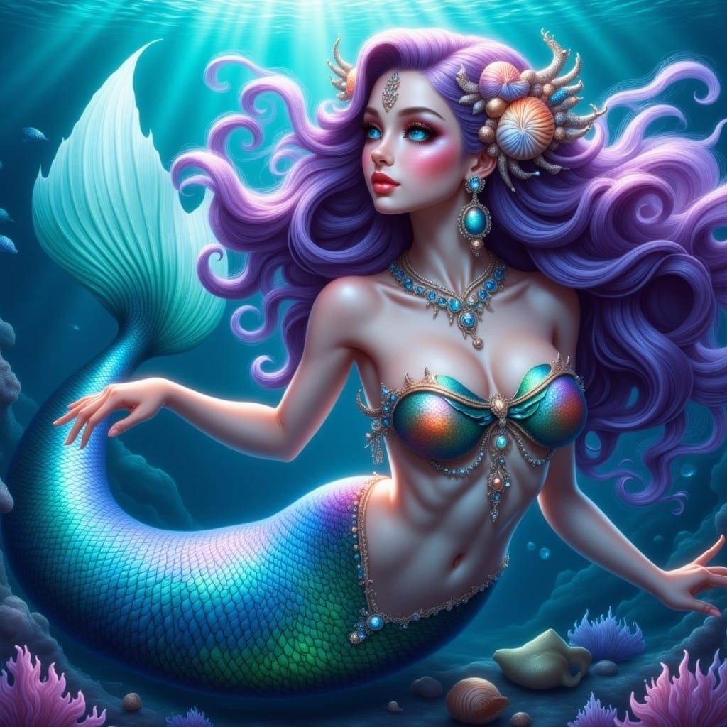 <lora:Flux Mermaid:1.0> realistic Beautiful mermaid, expressive detailed eyes, iridescent glittering colorful scales, purple hair with seash...