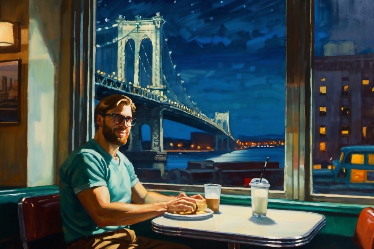 In a Diner by the Manhattan Bridge in the style of Edward Ho...