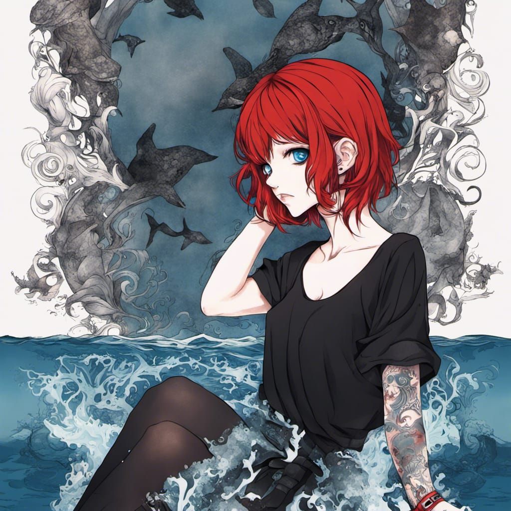 Anime Manga by artist "MAPPA", Cute Goth Woman, Short Red Ha...