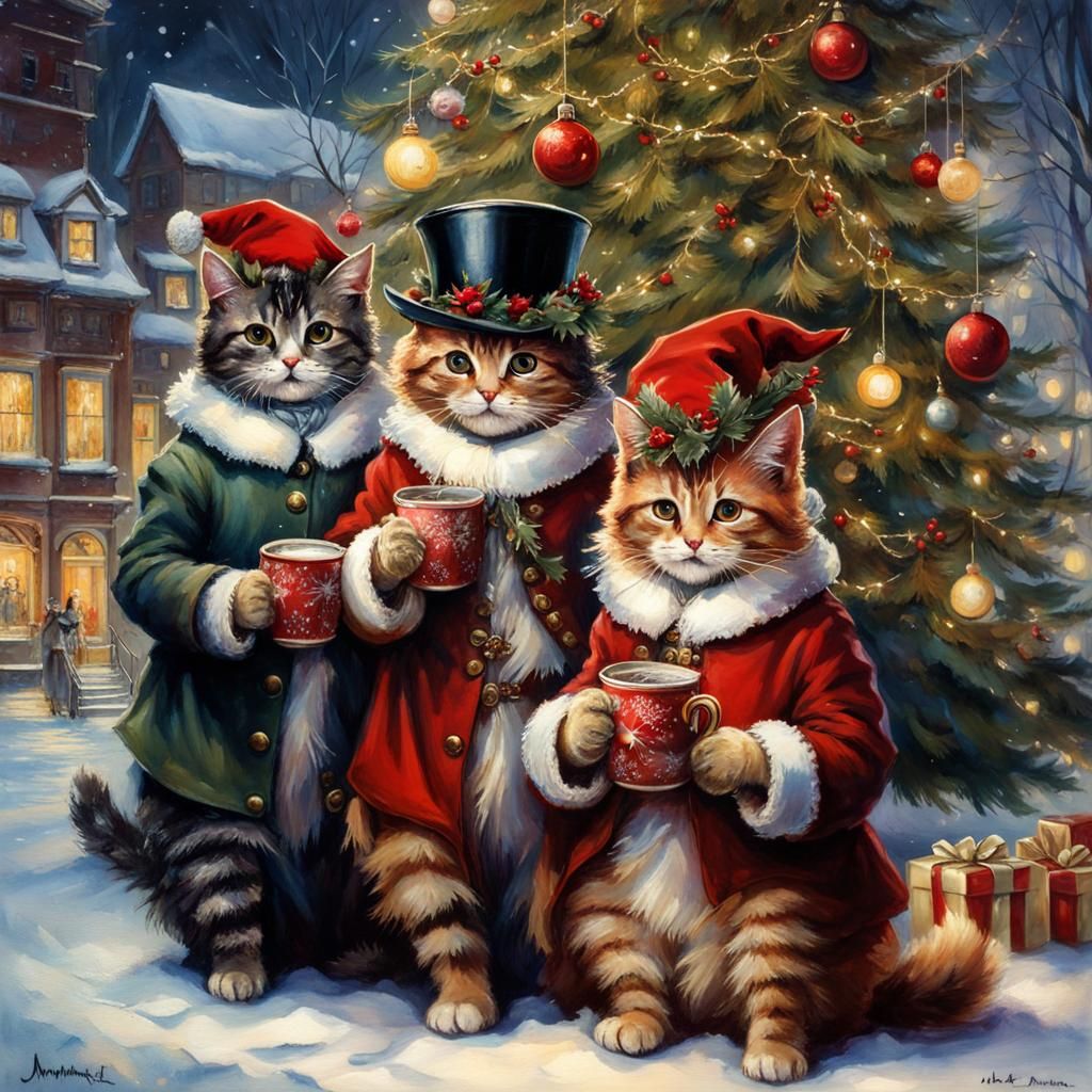 Christmas Carol cats drinking hot cocoa to warm up  by @Laura Oravec