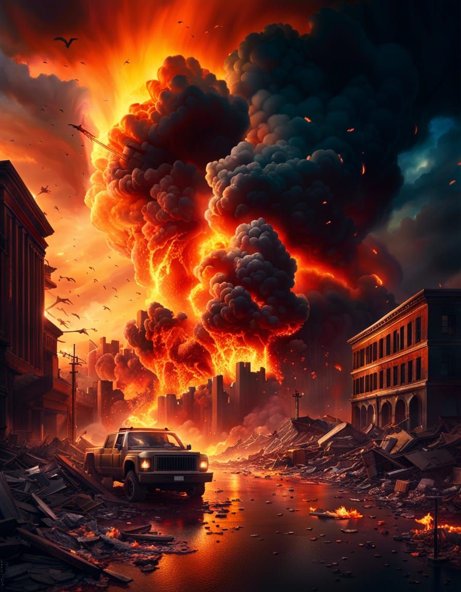 a massive, fiery explosion engulfing a destroyed city