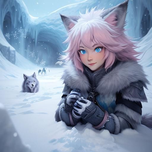 very cute wolf girl playing with snow