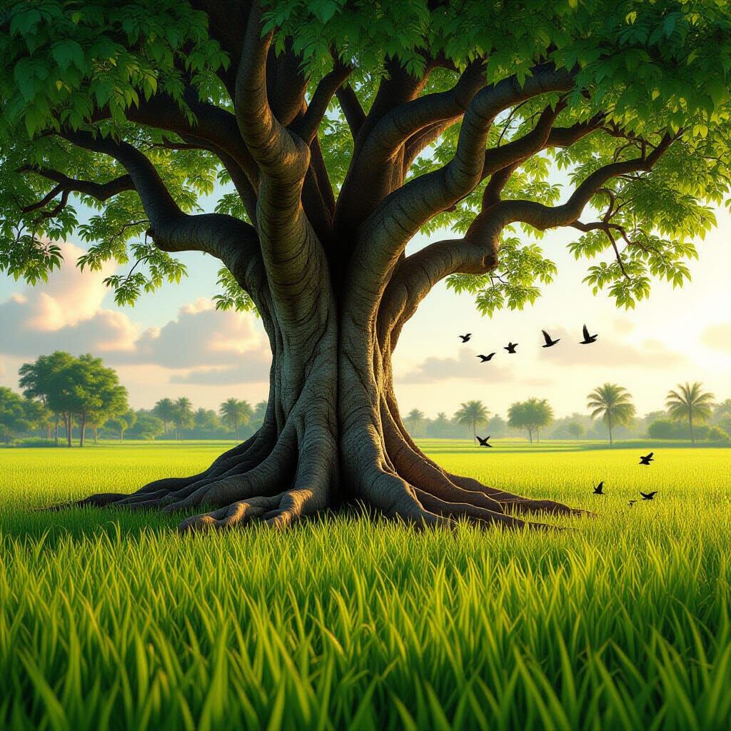 Ancient Banyan Tree in Rice Field, Detailed Matte ... - AI Art