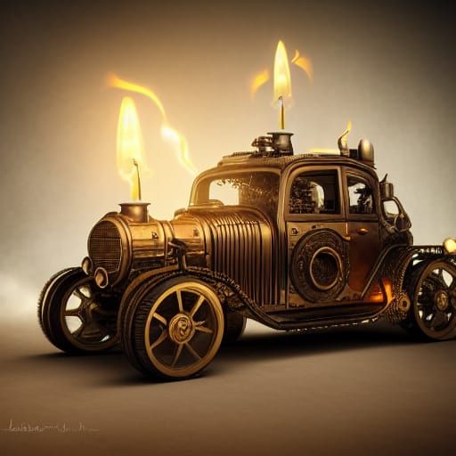 A steampunk car, detailed look, golden ratio, octane render, candles, ultra detail, intricate details, ... undefined