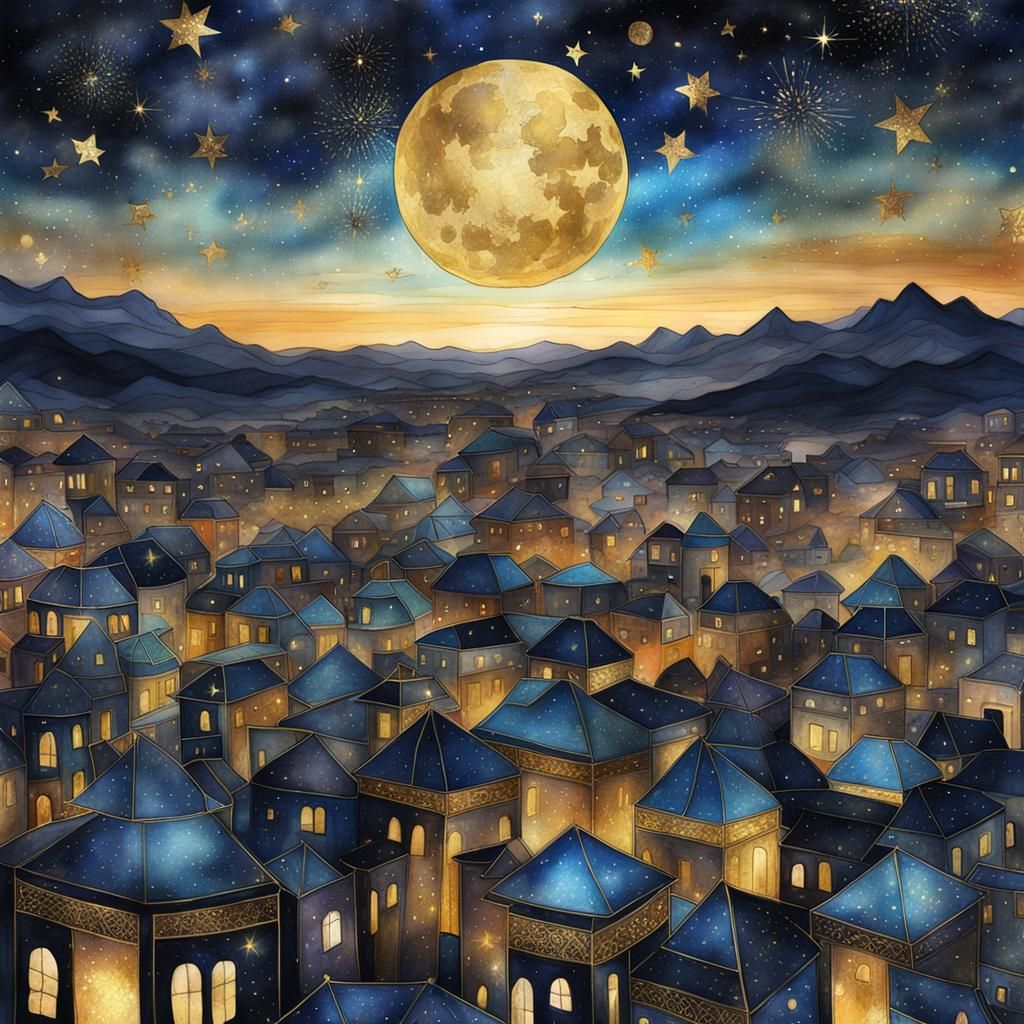 Night sky, sparkles, in iridescent silk texture patchwork, w...