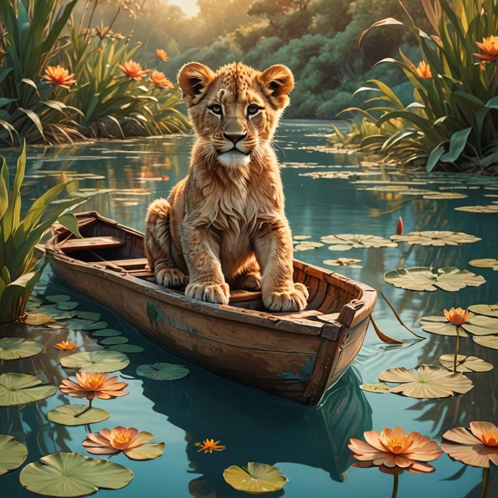 Lion Cub's Serene River Journey: Whimsical Art