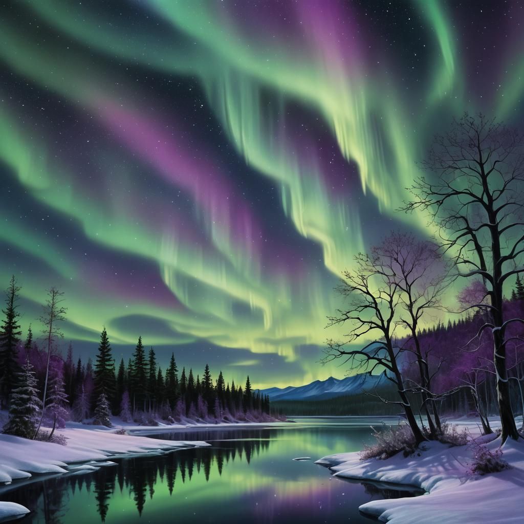 Aurora Borealis Over Frozen Lake: Digital Matte Painting