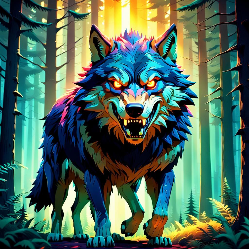 Big bad wolf Pixar, Disney, concept art, 3d digital art, Maya 3D, ZBrush Central 3D shading, bright colored background, radial gradient back...
