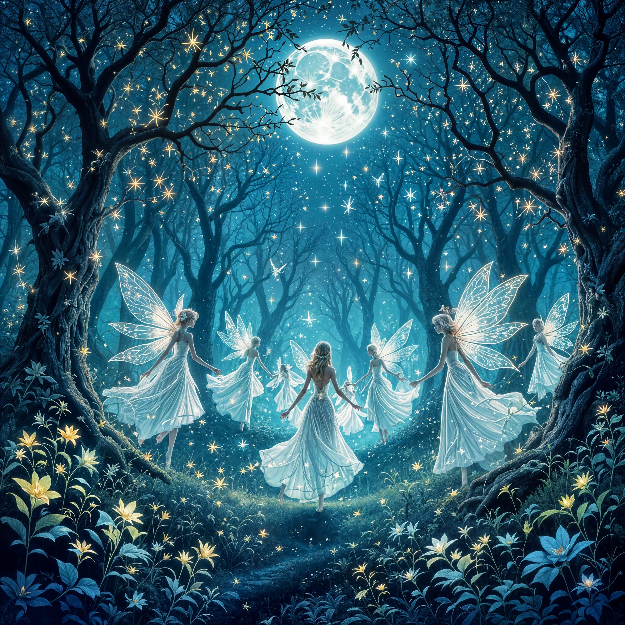 Fairies in enchanted forest under moon and stars can be seen but look like trees or plants. Fairies are beautiful.