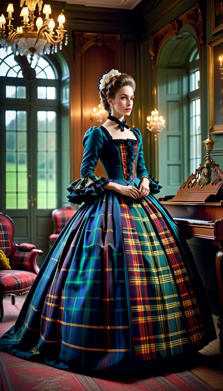 A beautiful Duchess wearing a Rococo style plaid dress.  by @pouranic