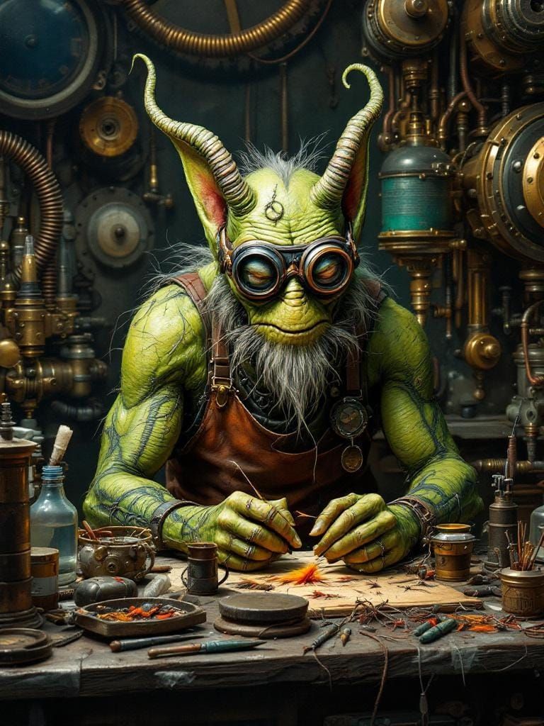 Grandad Green Goblin sat at work bench .close-up. Making a fishing fly for his next fishing trip. steampunk ...  by @Brian