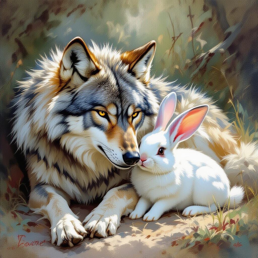 A wolf lies down with a rabbit. They are friends. gossamer hyperdetailed Pino Daeni anime  by @KWriter