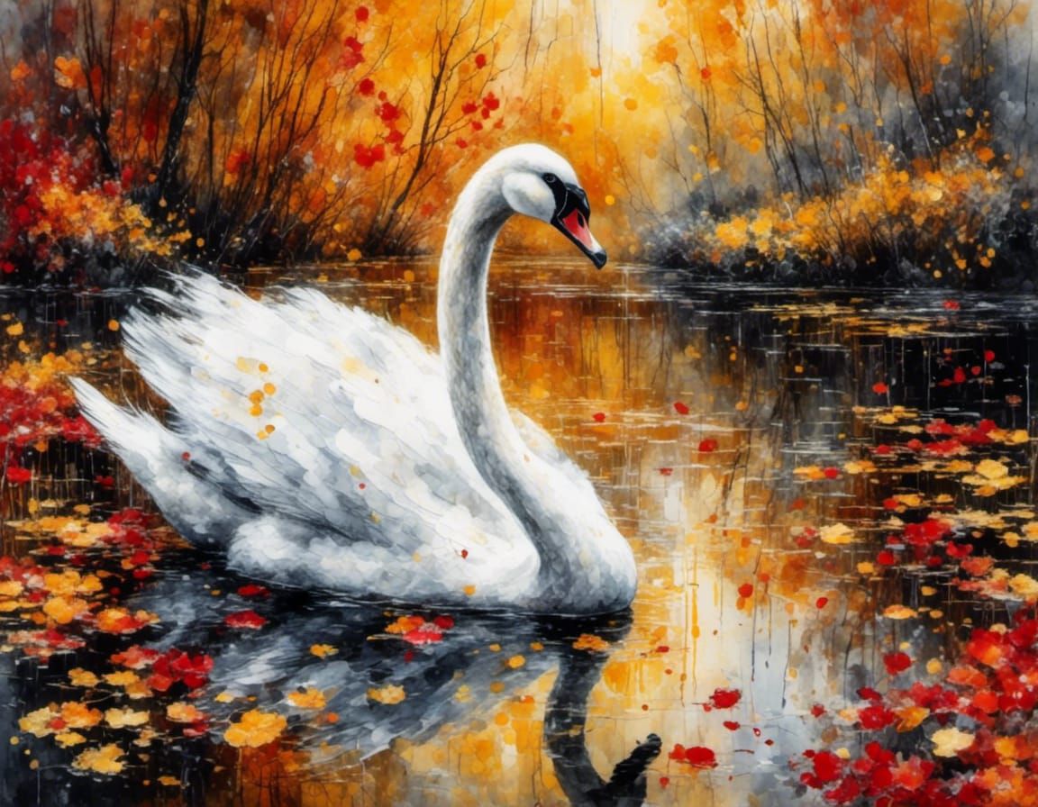 white swan in autumn park