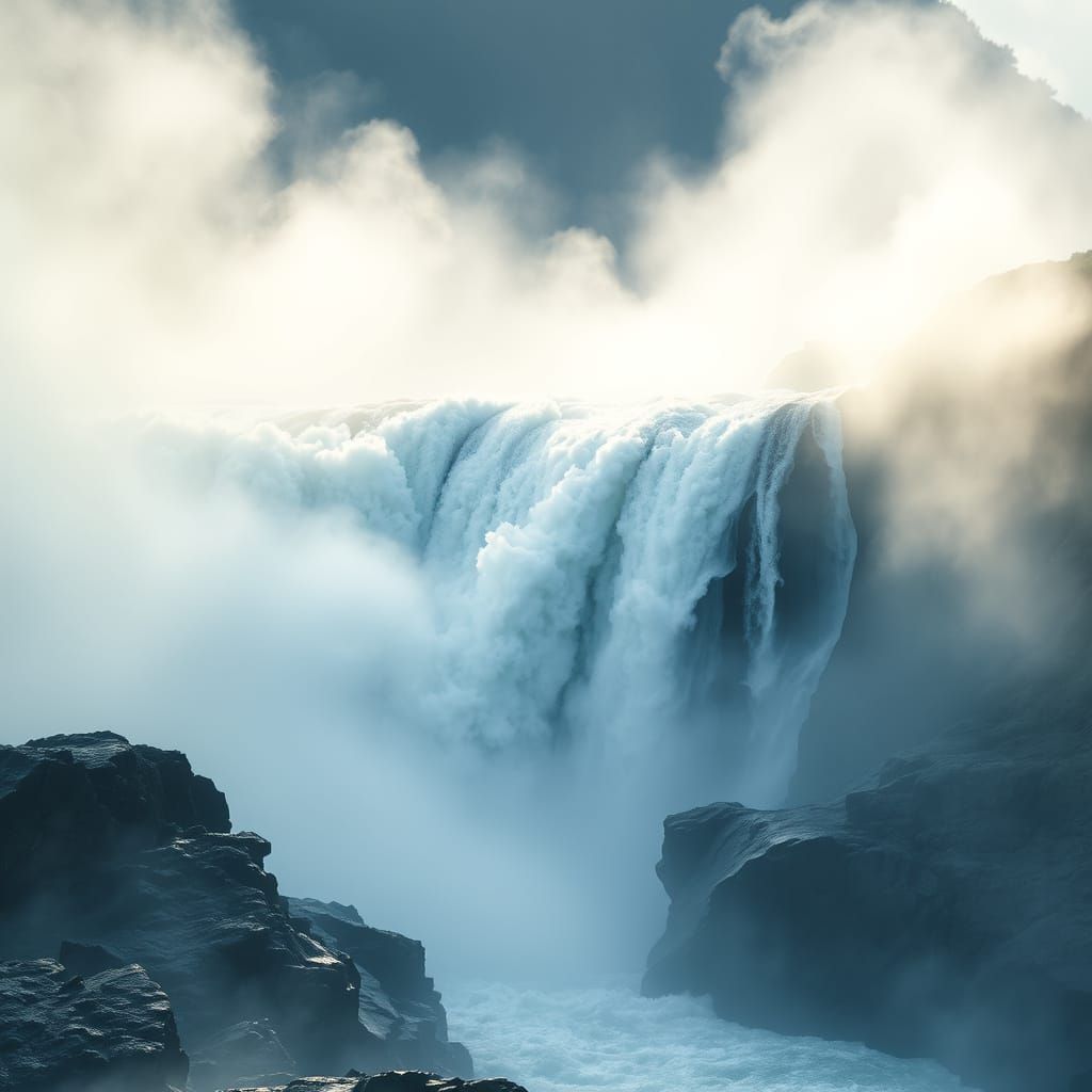 A massive and powerful waterfall with roaring water crashing down between dark rocks, thick mist rising all around creating a mysterious and...