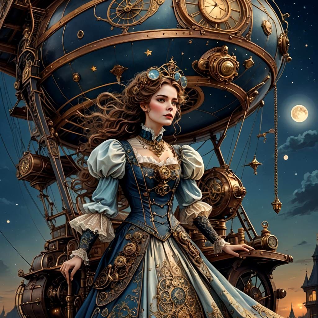 A beautiful Victorian woman on a steampunk dirigible at nigh...