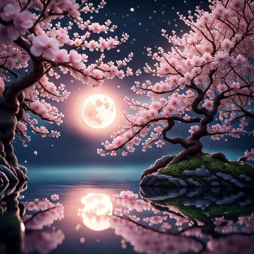 Water reflection of cherry blossom trees in the moonlight - AI ...