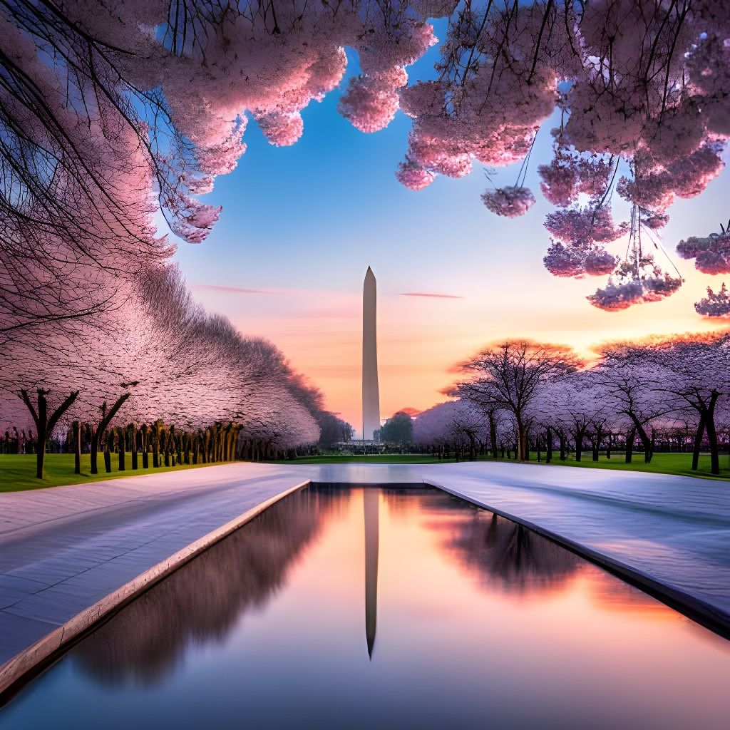 Cherry Trees in blossom along the Washington DC Reflecting Pool with ...