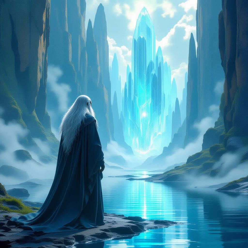 Ancient Man in Futuristic Crystal Forest