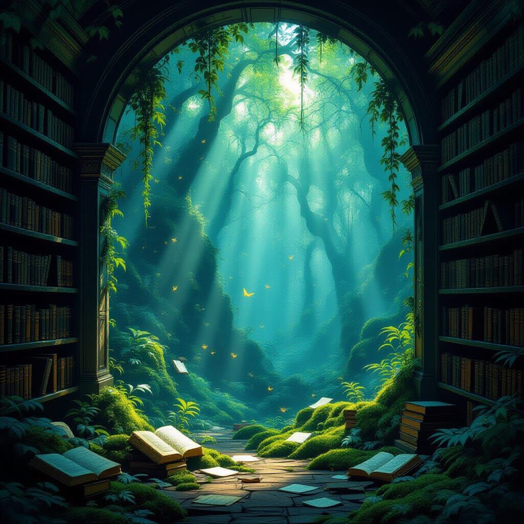 An ancient, overgrown library hidden deep within a bioluminescent forest, where forgotten tomes spill their secrets into the mossy ground. S...
