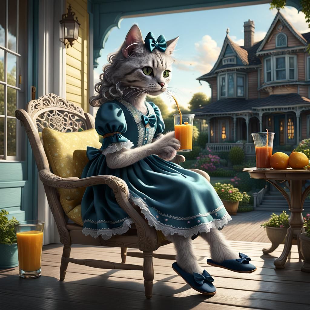 Cat wearing dress, slippers, bow in hair sitting in chair on...