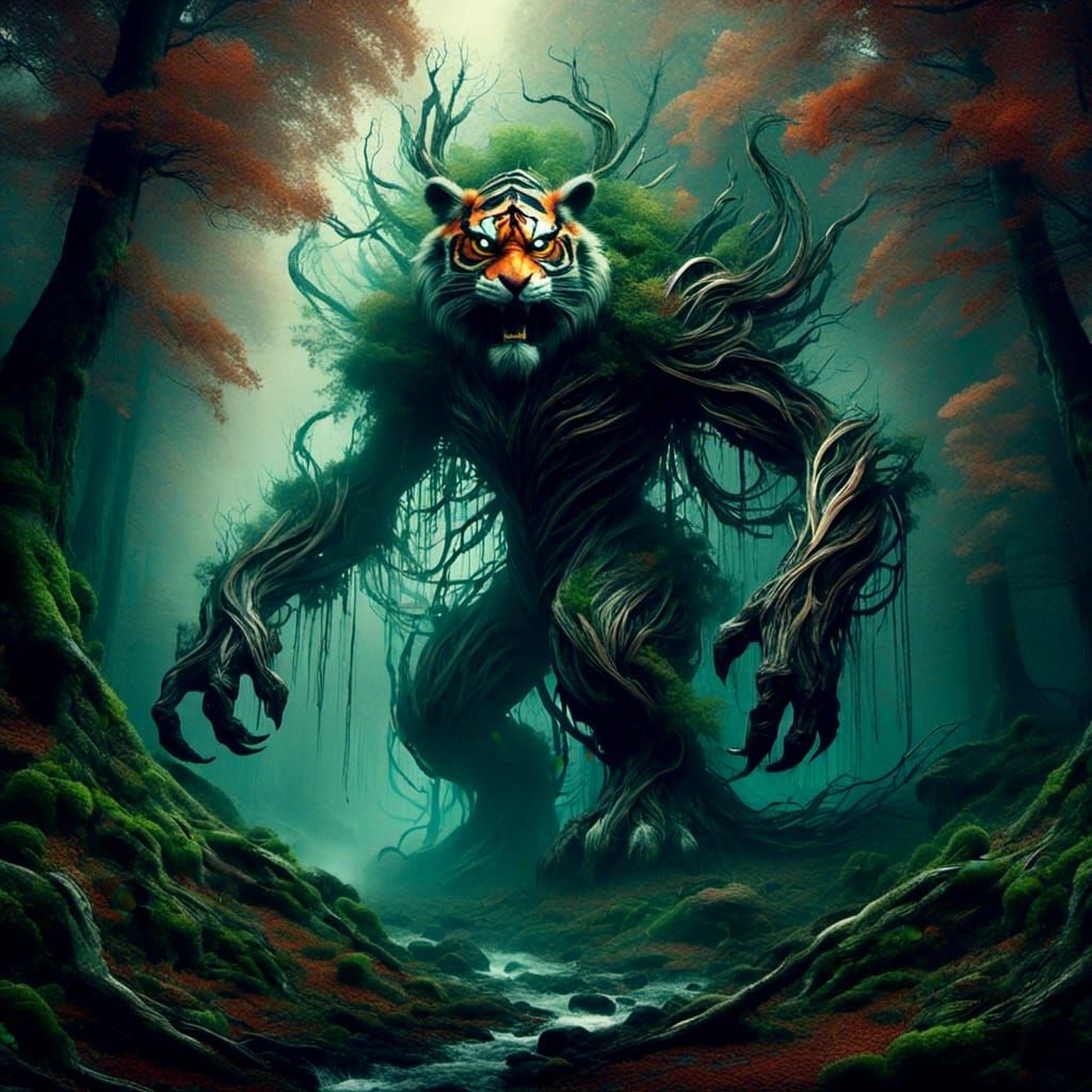 <lora:Arbor Vitae:1.0>  a hyperrealistic image of a tiger in the style of Simon Bisley with a sinister  mood and a more sinister background