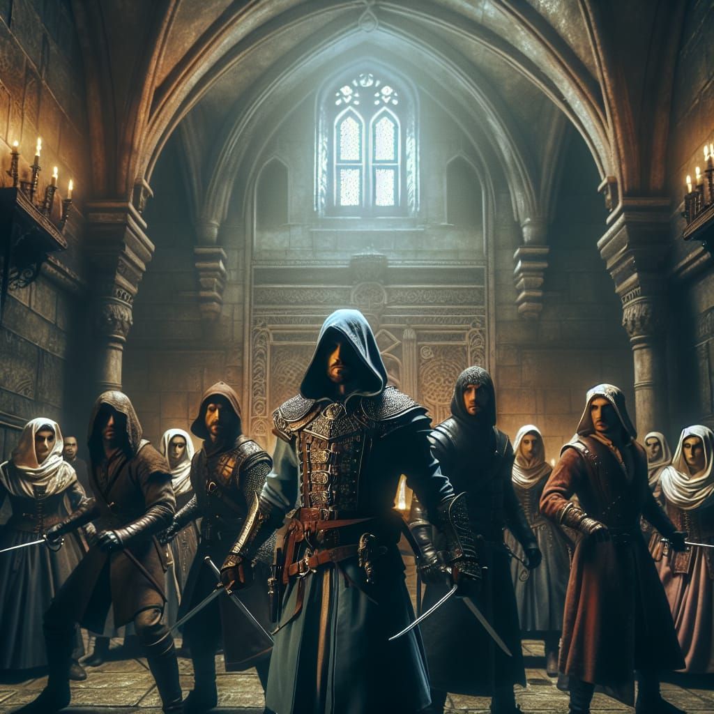 A group of medieval assassins in a dingy dimly lit castle dungeon ...