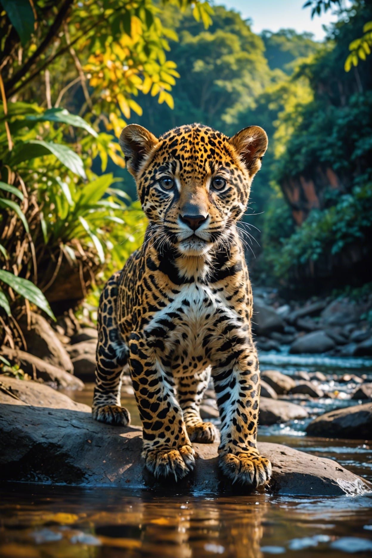photo of a baby jaguar nearby a colorful river, junglelow-angle view, nikon d850, stock photography film, intense colors, hyper-realistic, r...