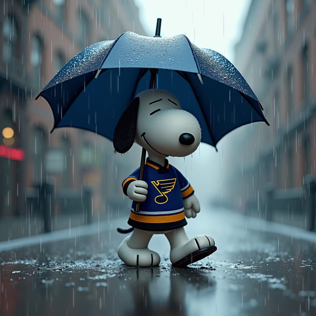 Snoopy walking in the rain. He's holding a St Louis Blues um...