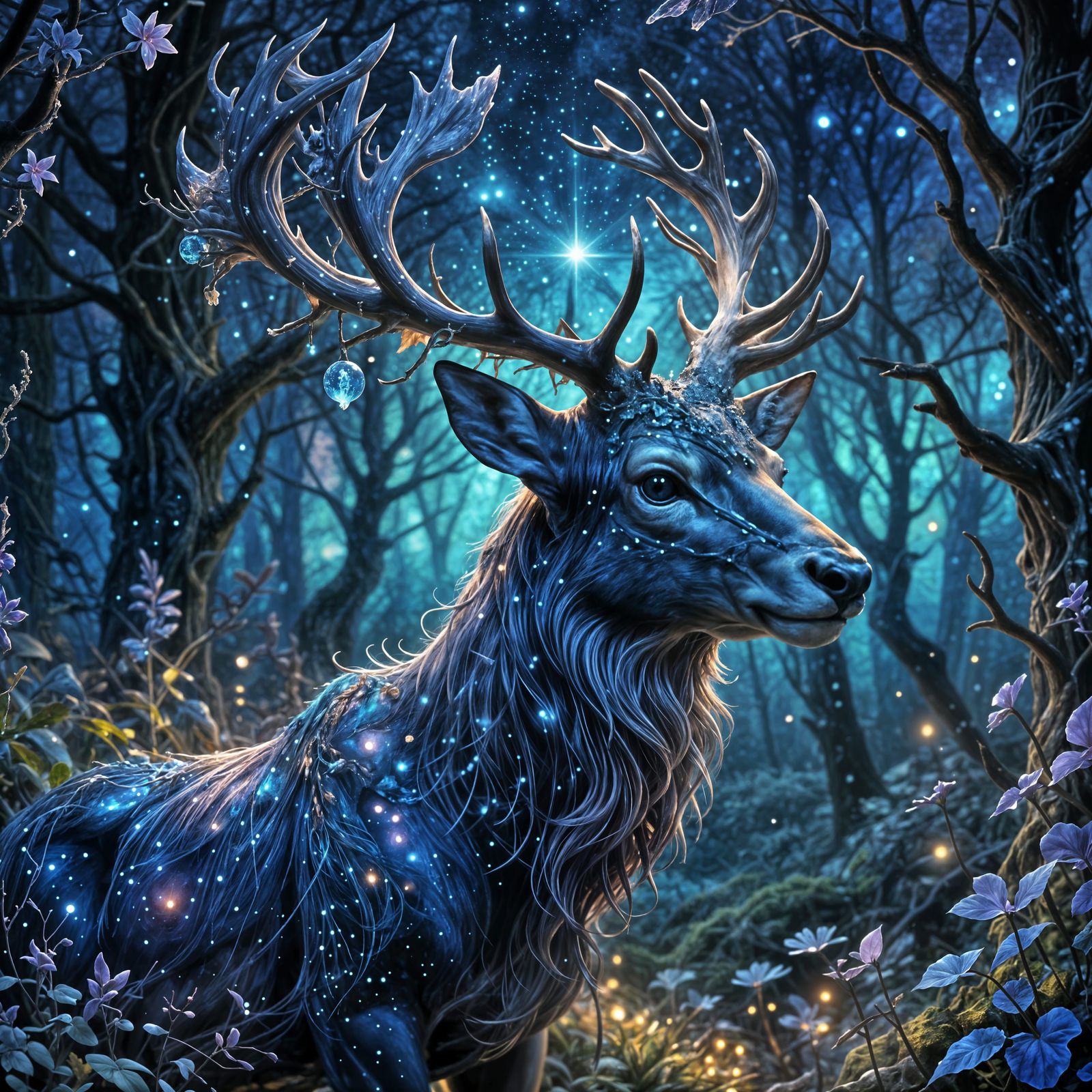 A majestic stag stands in a forest clearing, its antlers adorned with glowing crystals and vines. The ...  by @Lilit