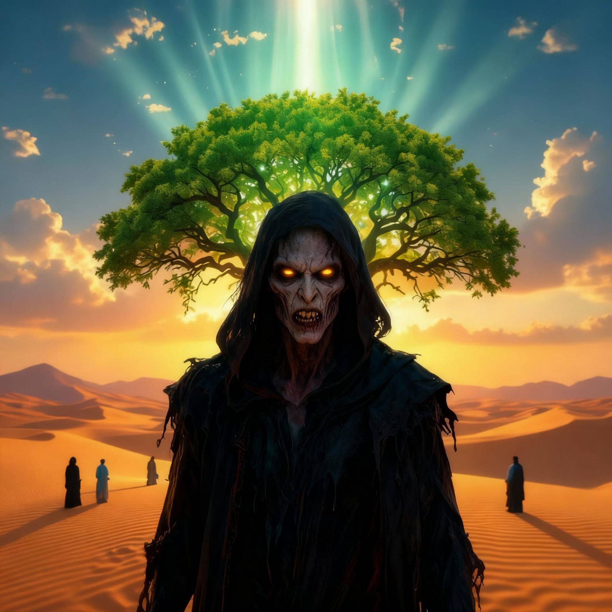 Hyperrealistic portrait of a beautiful woman wearing intricately detailed colorful A realistic desert sunset scene, golden sand dunes glowin...