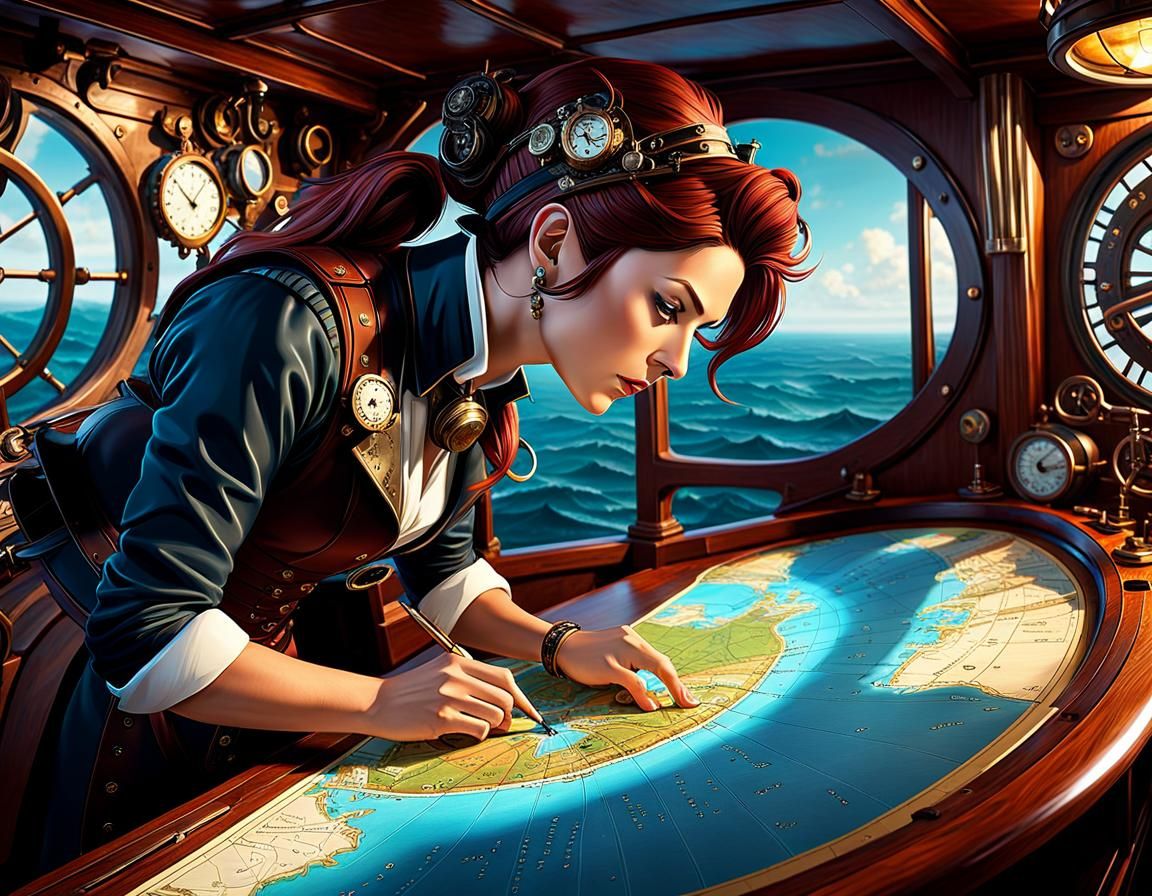 Cartographer working on a high definition map while at sea on a boat, steampunk, concept art, animation, ...  by @LO