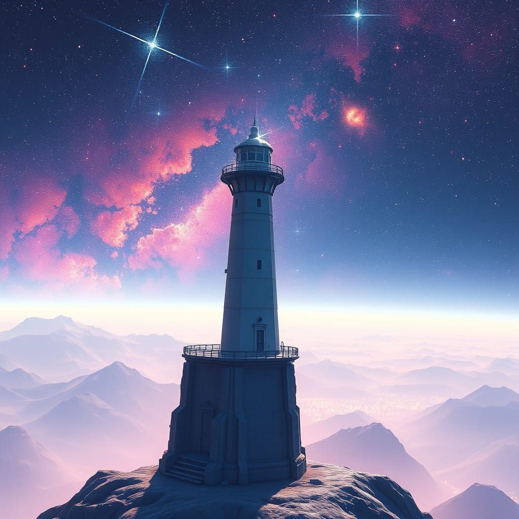 a lighthouse on the edge of the known Universe, vast space, stars amd galaxies