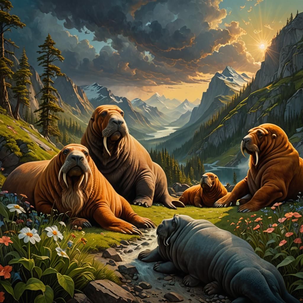 walrus sunbathing on mountainside surrounded by beautiful re...