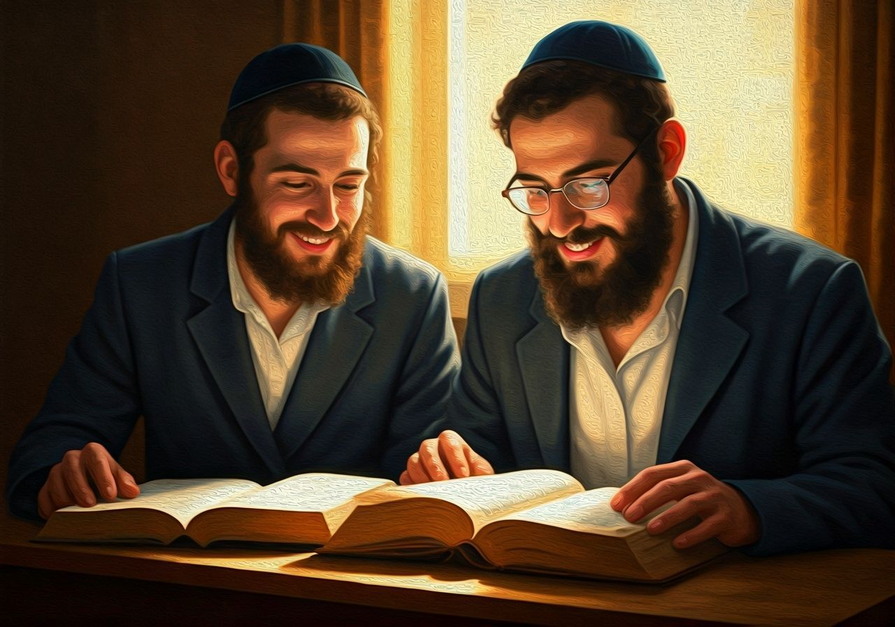 Hasidic Students Studying in Warm, Textured Oil Painting